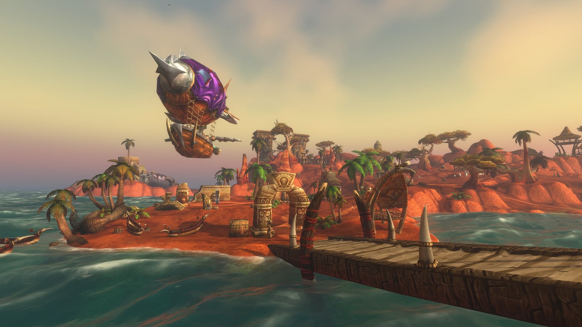 An airship hovers above tropical islands, stone ruins, and a dock in Blizzard's Darkspear Islands preview.
