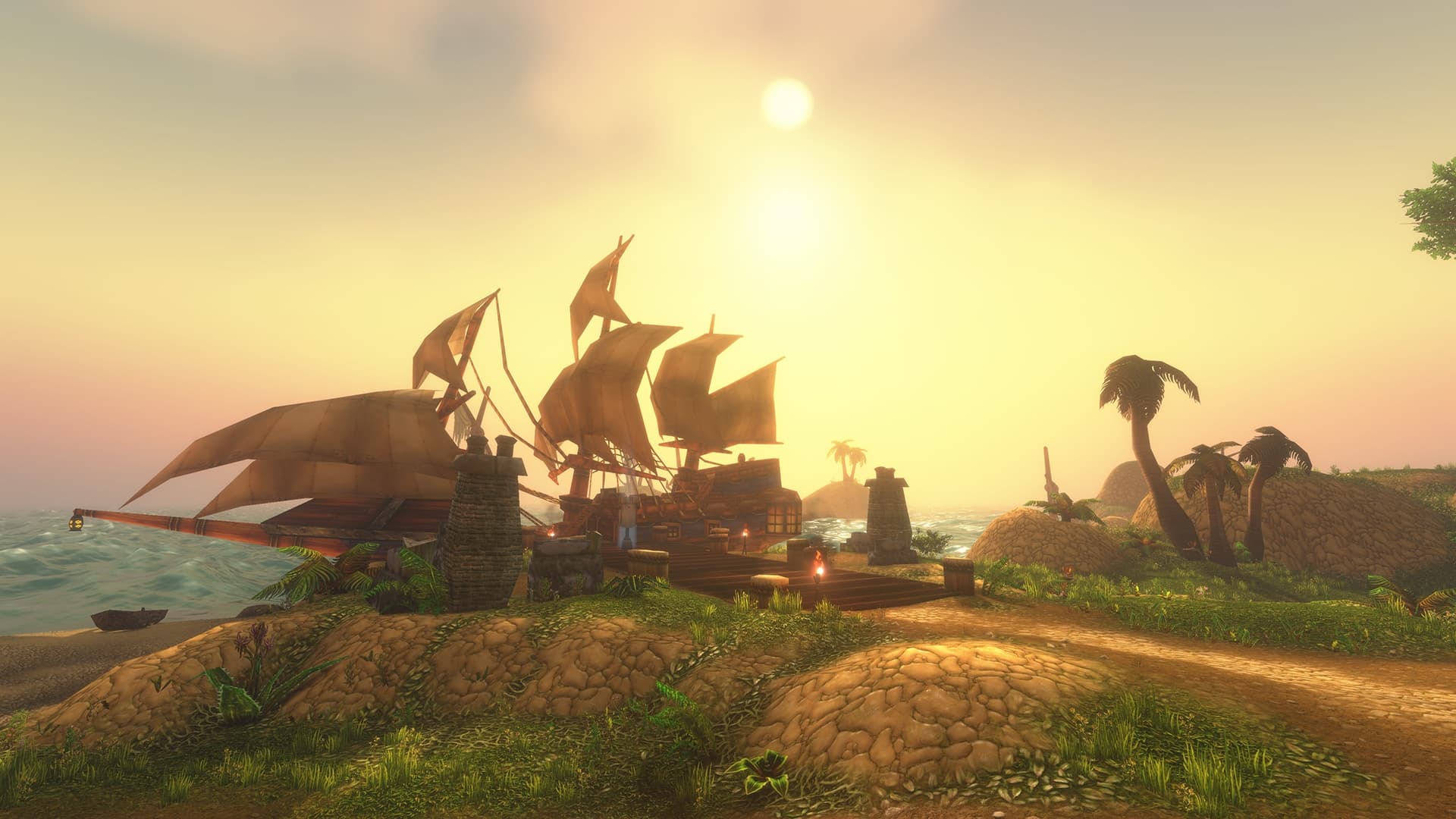 A sailing ship sits beside a tropical shore at sunset in Blizzard's Darkspear Islands preview.