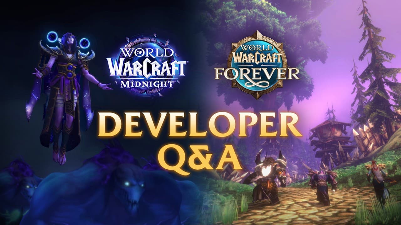 Official Developer Q&A replay thumbnail with Warcraft Midnight and Forever artwork and both game logos.