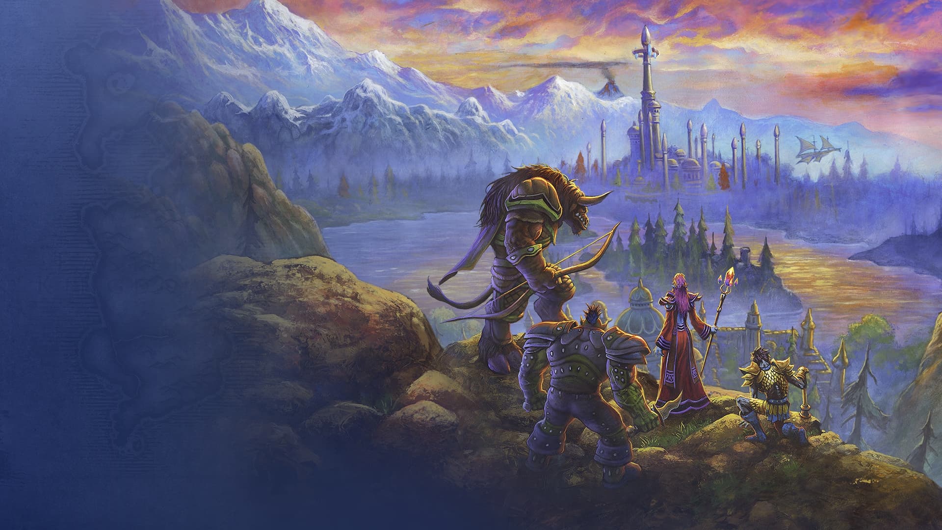 Adventurers look across a lake toward mountains and a distant castle in Blizzard's Forever announcement artwork.