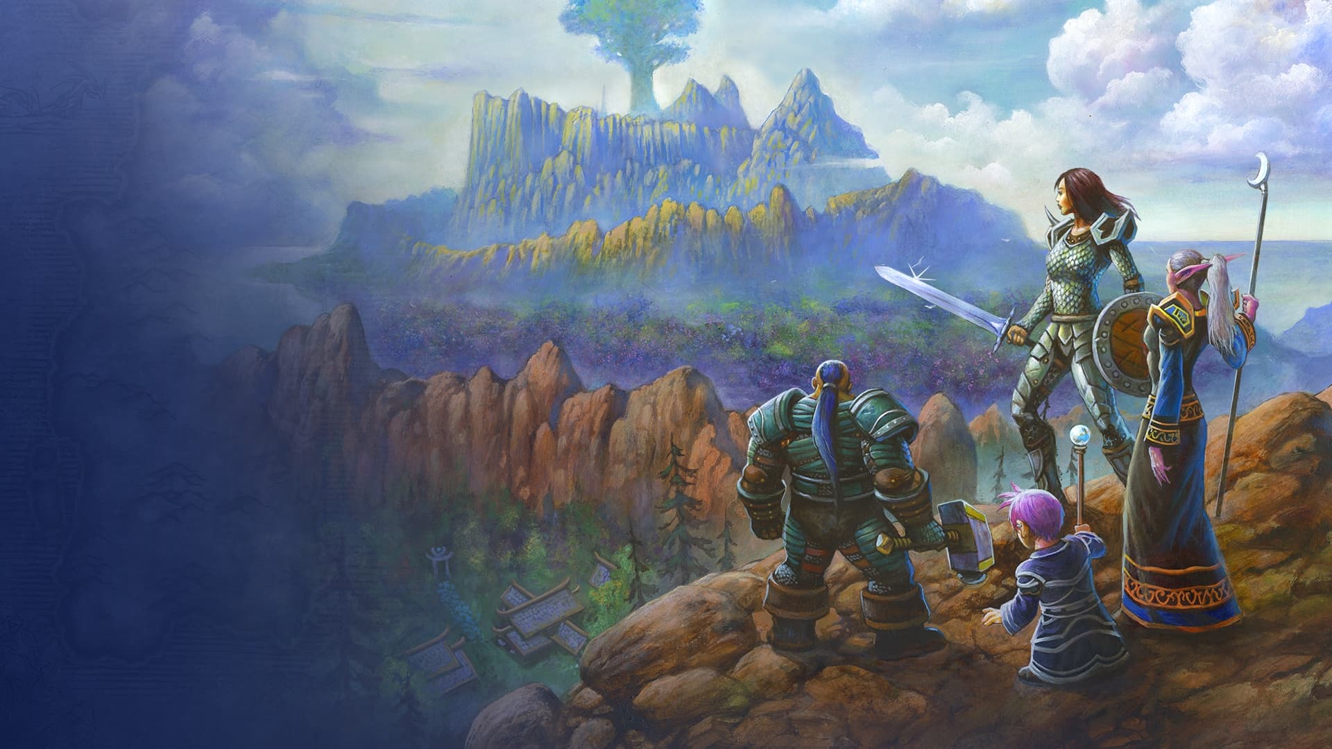 An adventuring party looks toward a giant tree and a forested mountain in Blizzard's Forever Deep Dive artwork.