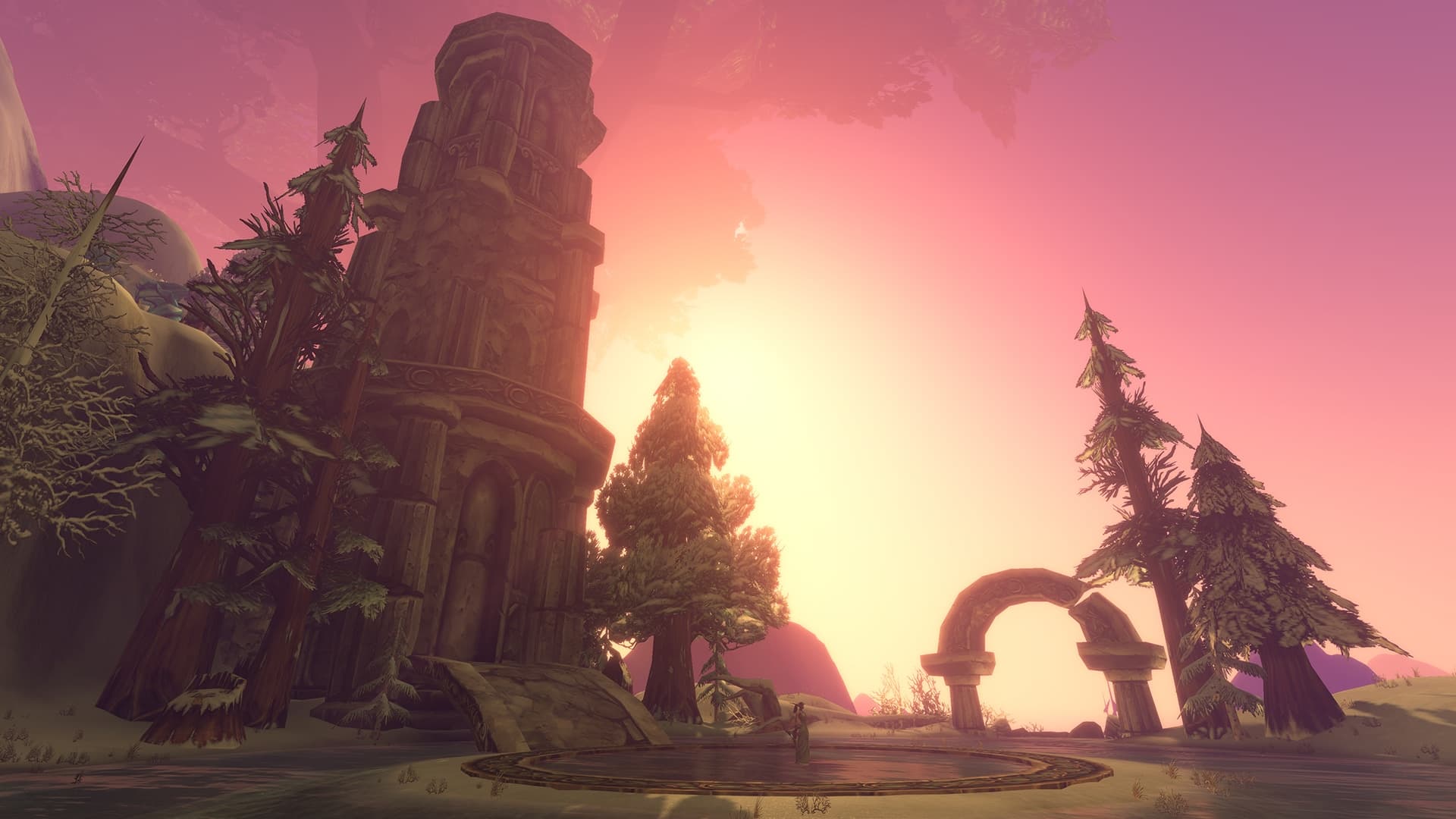 A stone terrace and ancient arches stand beneath a forest canopy in Blizzard's Forever raid preview gallery.