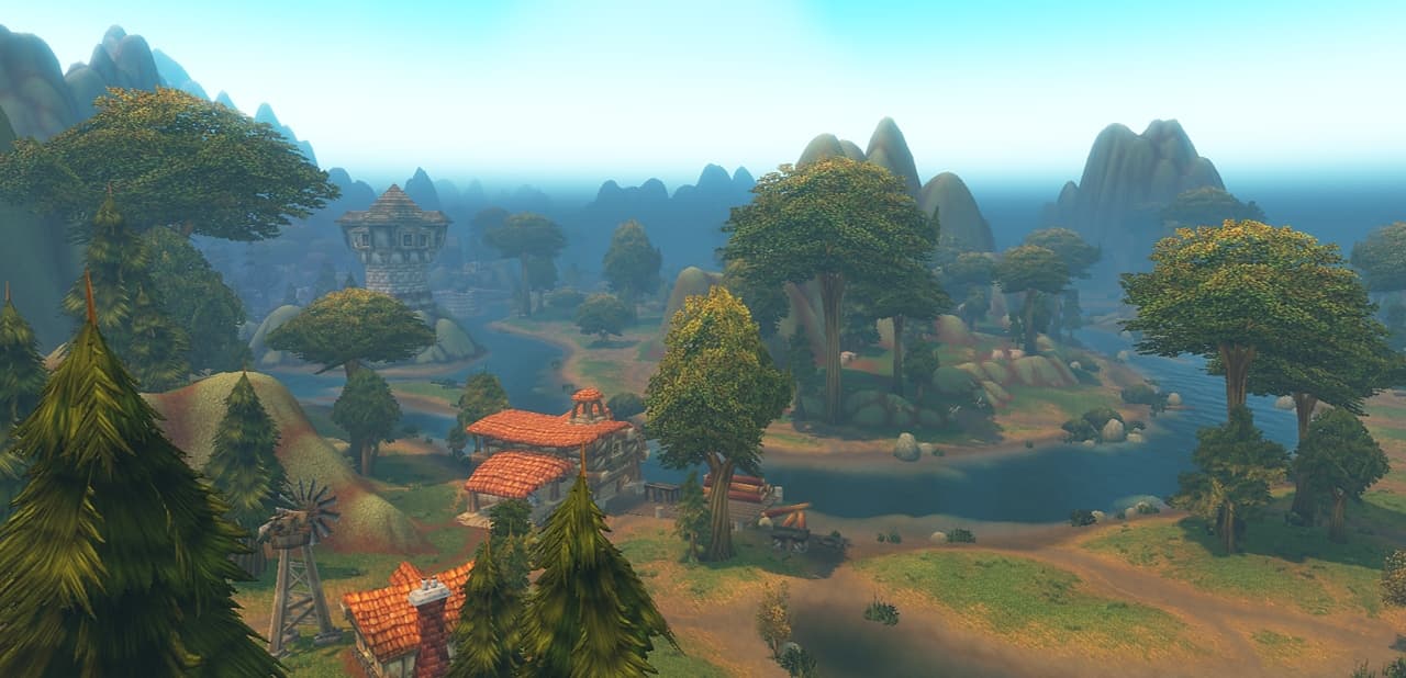 Rivers wind past homes, a watchtower, and wooded hills in the Riverglades.