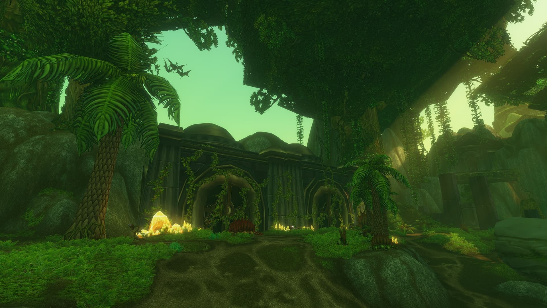 Titan stonework and golden crystals sit beneath dense jungle at Shaper's Terrace.