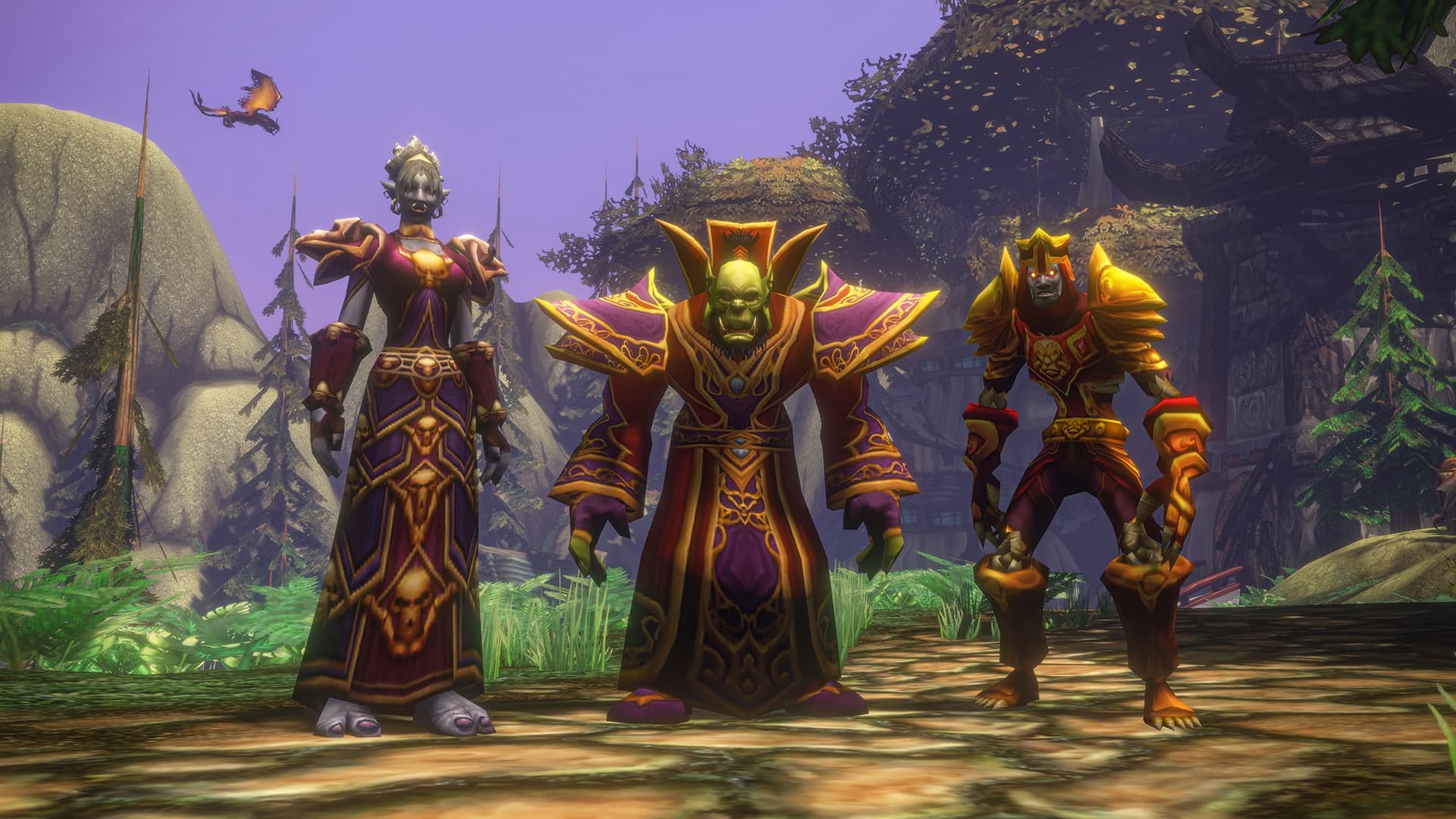 Three armored adventurers stand together on a forest path in Blizzard's Forever announcement gallery.